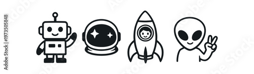 Space and alien character icons. robot, astronaut helmet, rocket, friendly alien, exploration, sci‑fi. line and flat vector illustration.