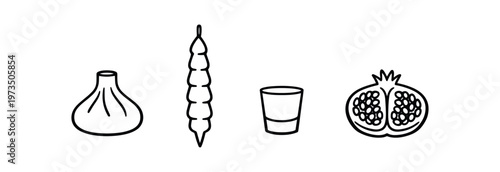 Georgian food and drink icons. khinkali dumpling, churchkhela string candy, shot glass, pomegranate half. line, flat and colored vector icon set.