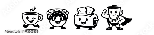Retro breakfast mascot icon set. cheerful coffee cup, smiling donut, friendly toaster with toast, heroic blender. line, flat and colored vector icon set.