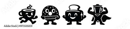Retro food mascot icon set. running coffee cup, burger, cheerful rice cooker, strong superhero blender. flat vector illustration.