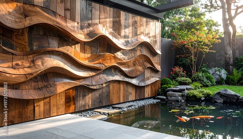 Artistic wooden wave-like wall detail of an outdoor space by a pond. Serene landscaping elements enhance natural beauty. Light bathes scene