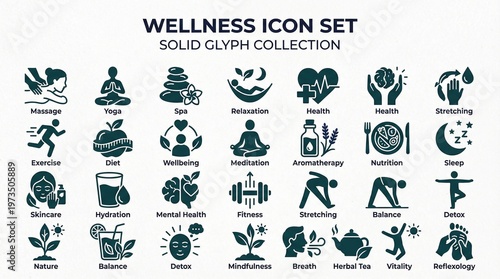 Wellness icon set: solid glyph collection for health and lifestyle with wellness