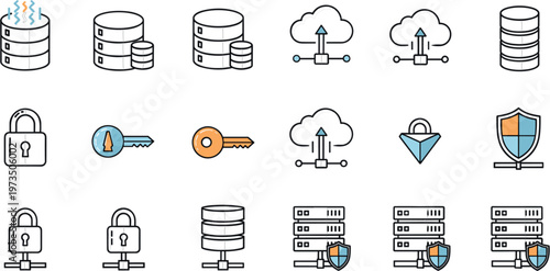 Database and cloud security icons set with servers encryption keys locks backup systems and data protection symbols in modern flat vector illustration style