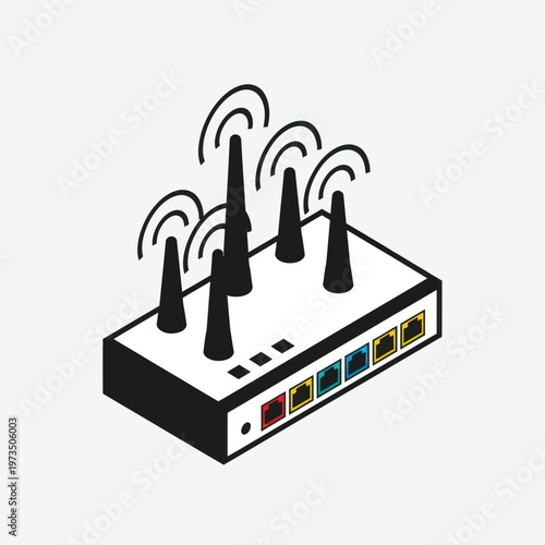 Isometric Router Illustration - Wireless Network Hub with Multiple Antennas.