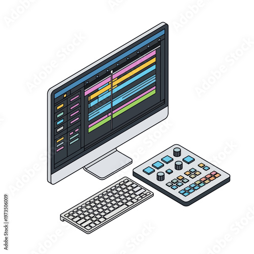 Isometric Video Editing Setup with Monitor, Keyboard, and Control Panel.
