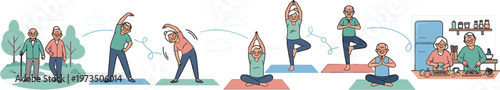 Daily fitness and wellness routine sequence with stretching yoga exercise meditation hydration and healthy lifestyle habits in flat vector illustration style