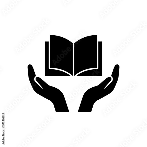 Open book gently held by caring hands in soft minimal silhouette composition. Concept of nurturing knowledge, emotional support and safe learning environment, vector, no background