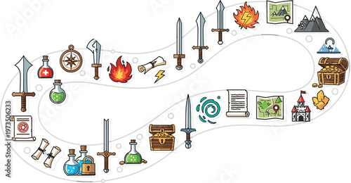 Fantasy adventure game progression path with swords potions treasure maps magic items and quest elements for RPG gameplay vector illustration