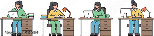 Freelancer woman working at desk with laptop in different poses home office workspace productivity and remote work lifestyle vector illustration set