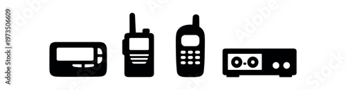Retro communication devices icon set. solid pager, handheld radio, mobile phone, cassette player silhouettes. flat vector illustration.