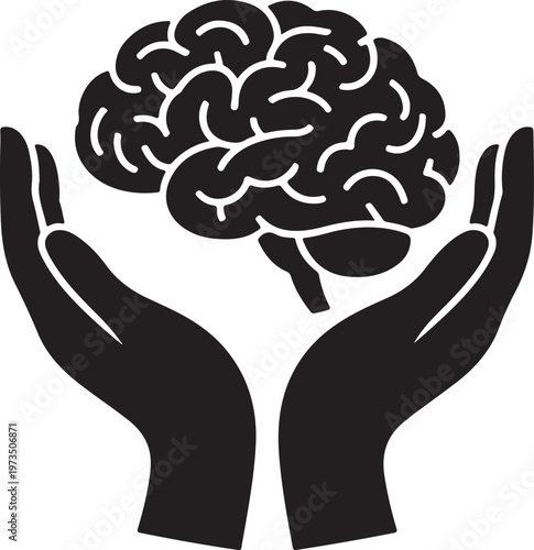 Stylized silhouette of hands cradling a black brain icon