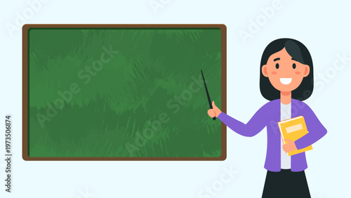 Female teacher holding a book and teaching in front of a traditional blackboard