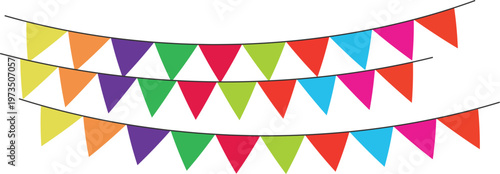 Bunting flags banner png. Colorful multicolored triangular flags. Colorful bunting flags garland transparent background cutout. Colorful party bunting and confetti against a dark black background
