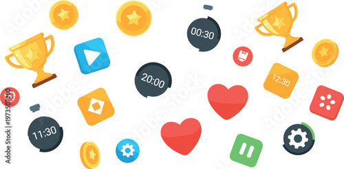 Gamification icons set with rewards trophy hearts timers play buttons and achievement elements for mobile app and game interface design