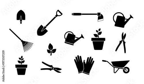 Garden Equipment Black Silhouette Vector Icon Set for Landscaping and Farming