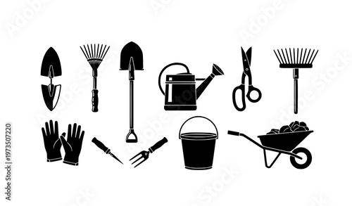 Black Gardening Tool Silhouette Vector Collection Landscaping Icon Set