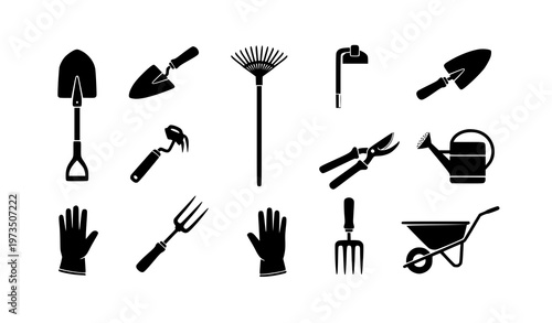 Gardening Tools Black Silhouette Icon Set with Shovel Rake and Watering Can