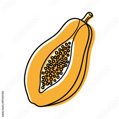 Stylized vector illustration of a halved papaya with seeds, featuring a hand-drawn black outline and offset orange color. Ideal for healthy food icons and tropical summer designs.