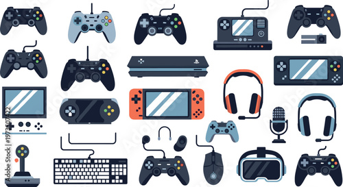 Gaming equipment collection with controllers consoles headset keyboard joystick and VR gear for esports setup and video game entertainment vector set