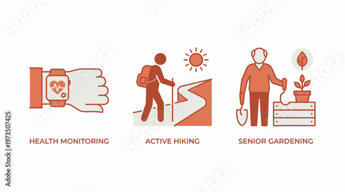 senior smartwatch health monitoring, active hiking adventure, elderly gardening wellness lifestyle