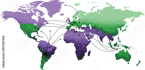 Global distribution and spread map of water hyacinth showing invasive aquatic plant expansion routes across continents ecological impact vector illustration