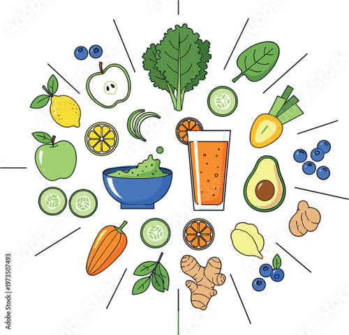 Healthy food ingredients composition with fresh fruits vegetables herbs and superfoods arranged in colorful flat vector illustration for nutrition and diet concept