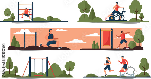 Outdoor sport activities set with running cycling workout playground training and fitness lifestyle scenes in nature vector illustration collection
