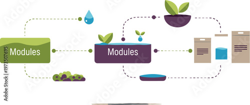 Modular plant growth system diagram showing connected modules for watering nutrient flow and cultivation process in smart agriculture vector illustration