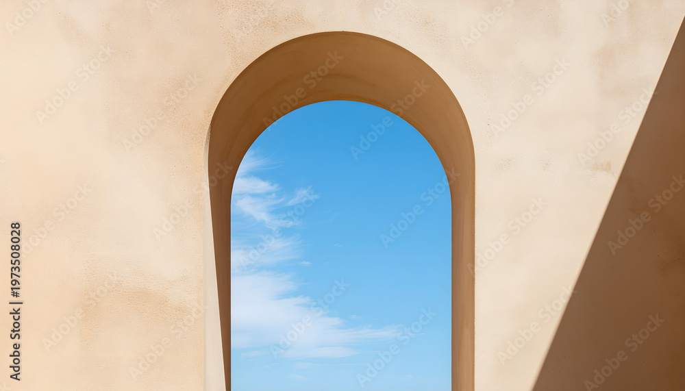 Fototapeta premium Minimalist white architectural arch framing bright blue summer sky