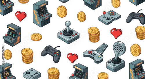 Retro arcade gaming seamless pattern with vintage consoles joysticks coins hearts and controllers for nostalgic video game background design