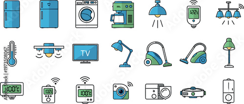 Smart home appliances icons set with refrigerator washing machine lighting vacuum cleaner thermostat and connected household devices in flat vector illustration style