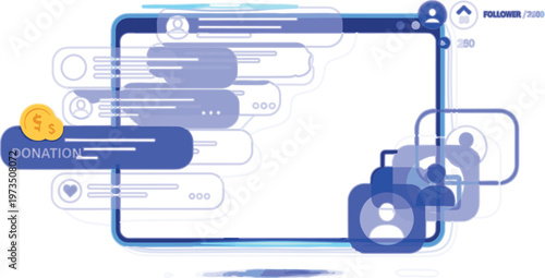 Social media live stream interface with donation alerts chat messages followers counter and engagement overlay for online content creators vector illustration