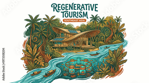 Eco boat drifting along lush tropical river toward palm-shaded eco-lodge in bright regenerative tourism vector scene