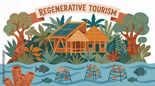 Regenerative tourism eco-lodge illustration showing sustainable solar-powered harmony with nature and water