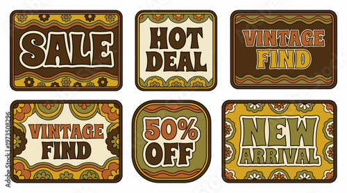 Six vintage promotional label badges arranged neatly for sale, deal, and discount ads with retro typography style