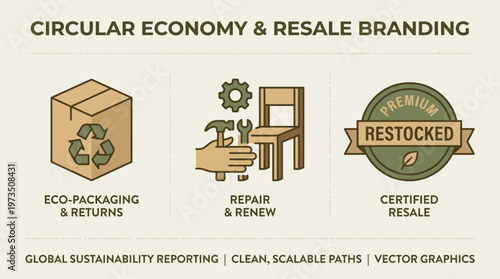 Circular economy resale branding infographic with eco packaging repair renew certified resale icons on beige
