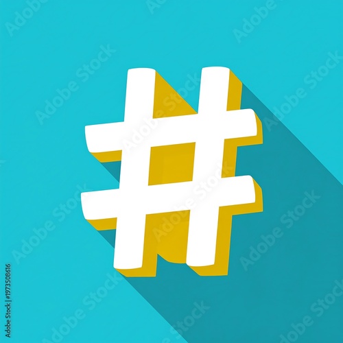 Hashtag symbol, white with gold outline, against a bright turquoise background with a sharp shadow
