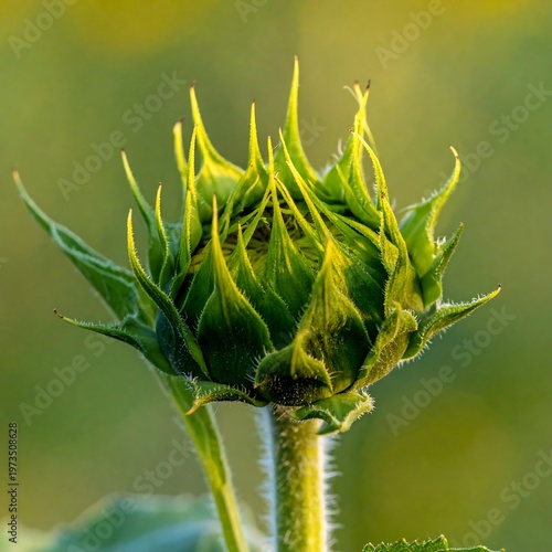A close-up shot captures a nascent sunflower bud, showcasing layered green petals illuminated by soft sunlight against a blurred backdrop