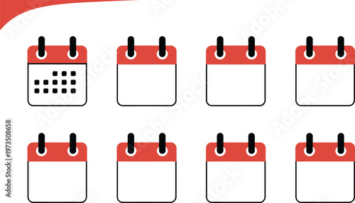 Collection of eight simple calendar with one showing a grid of dates