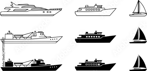 Collection of boat and ship icons in a minimalist style, featuring a yacht, trawler, and sailboat shown as both black line art outlines and solid filled silhouettes