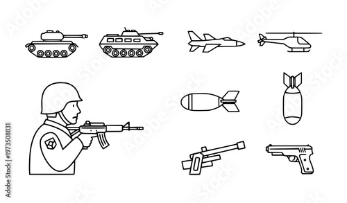 A vector graphic illustration of military icons and symbols in a flat design style
