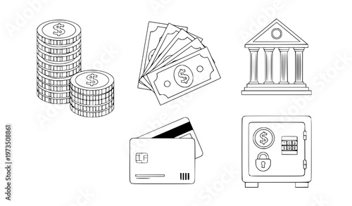 A set of financial icons including money, bank, and safe