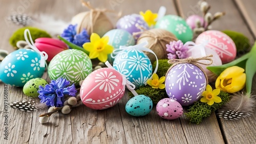 Colorful Easter eggs and spring flowers on a wooden surface.