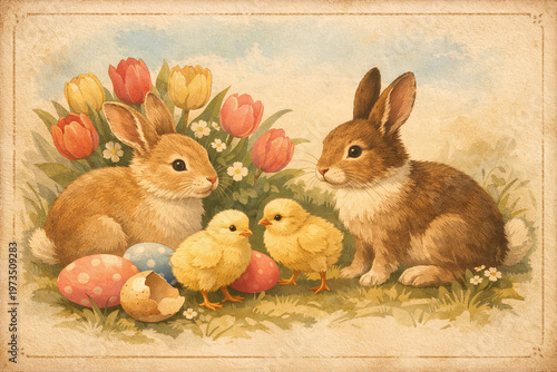 Gentle Springtime Bunnies And Blossoming Tulips