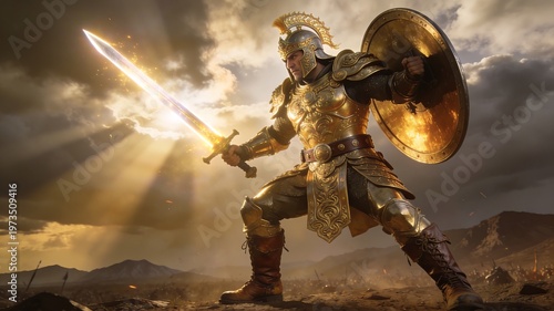 Divine Warrior in Golden Armour of God with Glowing Sword