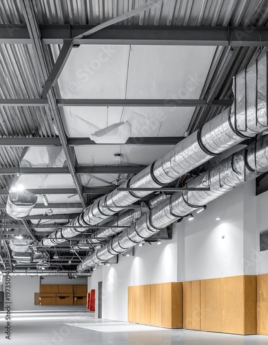 Interior view of an industrial building with metallic air ducts and support beams across a bright ceiling. A corridor with neutral-toned walls