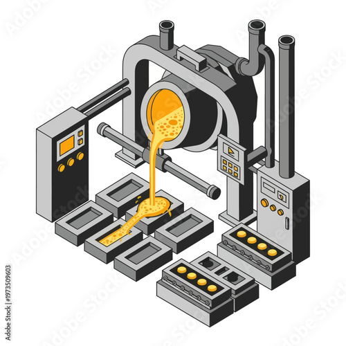 Isometric Illustration of Molten Metal Casting Process in Industry.