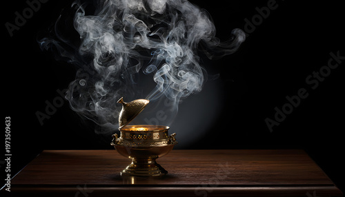 Traditional brass incense burner mabkhara with fragrant smoke