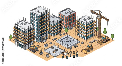 Urban construction site with multiple buildings under development.