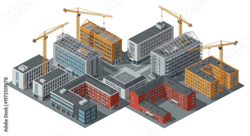 Urban construction site with multiple cranes and buildings under development.